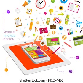 Set of icons. Flat Design. Mobile Phones, Tablet PC, Web and Apps vector icons. Marketing and Time Management Services Illustrations. Digital Art. Responsive internet advertising and pay templates. 