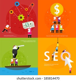 Conjunto de iconos. Diseño plano. Iconos vectoriales de teléfonos móviles, Tablet PC, Web y Apps. Ilustraciones de servicios de marketing y administración del tiempo. SEO. Publicidad en Internet y plantillas de pago. 