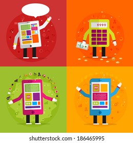 Conjunto de iconos. Diseño plano. Iconos vectoriales de teléfonos móviles, Tablet PC, Web y Apps. Ilustraciones de servicios de marketing y administración del tiempo. Arte digital. Publicidad en internet y plantillas de pago.
