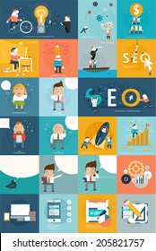 Set of icons. Flat Design. Mobile Phones, Tablet PC, Web and Apps vector icons. Marketing and Time Management Services Illustrations. Digital Art. Responsive internet advertising and pay templates.