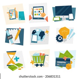 Set of icons. Flat Design. Mobile Phones, Tablet PC, Web and Apps Vector Icons. Marketing and Time Management Services Illustrations. Idea Concept. Responsive Internet Advertising and Pay Templates.