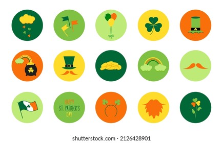 Set of icons in a flat style in a circle for stain patrick's day. St. patrick's day trendy stickers in cartoon style. Ideal for banner, poster, advertising, social media. Leprechaun, gold, luck, beard