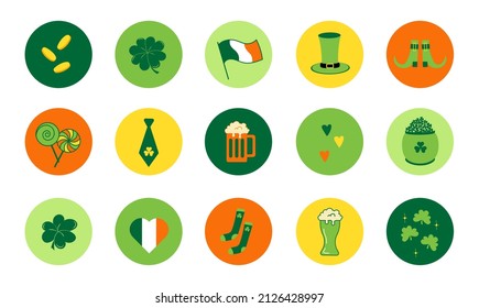 Set of icons in a flat style in a circle for st. patrick's day. Modern stickers. Ireland flag, coins, clover leaves, horseshoe, leprechaun hat, pot of gold, pint of beer