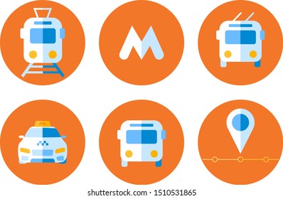 Set of icons in a flat style for city transportation system. Tram, metro, trolleybus, taxi, bus, location point