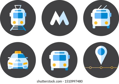 Set of icons in a flat style for city transportation system. Tram, metro, trolleybus, taxi, bus, location point