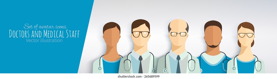 Set of icons in flat style. Doctors and medical staff.