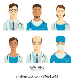 Conjunto de iconos en estilo plano. Médicos y personal médico.