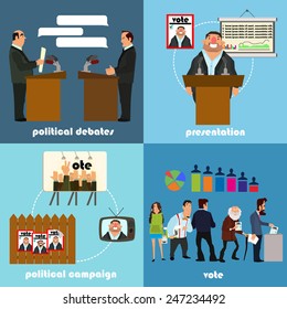 Set of icons in the flat style on a political theme: political campaign, presentation, political debates, vote. vector illustration. elections, elections, elections, elections, elections, elections.