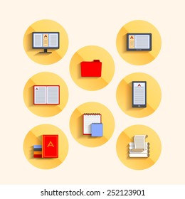 Set of icons in the flat style, Soup, gadgets for reading. vector illustration