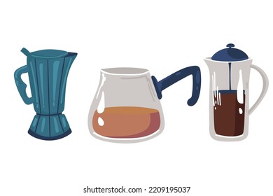 conjunto de iconos en estilo plano. Elegante juego de iconos para café. Cafetera italiana Tetera con café
