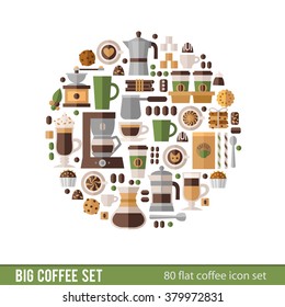  Set of icons in flat style. Stylish coffee set of icons. Coffee, coffee drinks, coffee pots, and other devices and desserts.