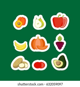 Set of icons in a flat style. Vegetables and fruits: pumpkin, orange, tomato, orange, potato, pepper, peach, grapes, pear, avocado. Set of magnets, stickers and items for your design.?hildren's design