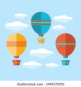 A set of icons in a flat vector. Yellow, blue and red air balloon, aerostat flying in the sky among the clouds. Travel by air transport. Isolated objects on white background