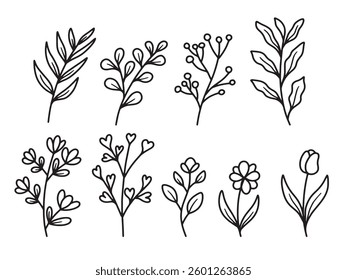 Set of icons with FLOWER or FLORAL theme. With doodle style. For layout, website, graphic design. 