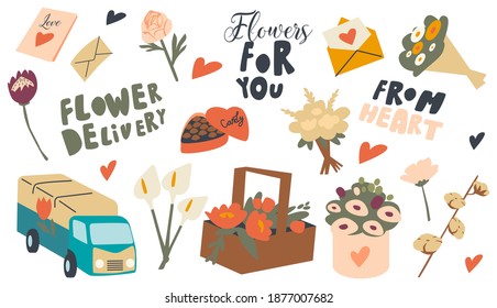 Set of Icons Flowers Delivery Theme. Beautiful Blossom Bouquets, Box with Candies, Truck, Decor and Sweet Gift for Holidays Celebration, Transportation Service Company. Linear Vector Illustration