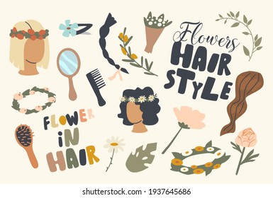 Set of Icons Flowers Hairstyle Theme. Wreath, Curl and Comb with Bouquet of Blossoms and Hand Mirror with Barrette. Summer Season Hairdo, Braid and Decorated Girl Heads. Cartoon Vector Illustration