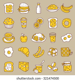 Set of icons of food, breakfast, on a gray background. Vector.