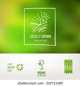 Set of icons for food and drink, restaurants and organic products. Natural ingredients logos. Natural food label collection. Food icon. Farm and locally grown. Food logo set. Natural food logo design.