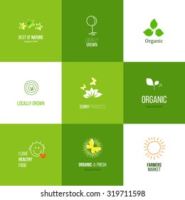 Set of icons for food and drink, restaurants and organic products. Natural ingredients logos. Natural food label collection. Food icon,  food label.  Chef logo. Organic Food logo.  Logo design. 