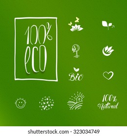 Set of icons for food and drink, restaurants and organic products. Natural ingredients logos. One hundred percent eco product label set.