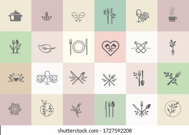 Set of icons for food and drink. Vector illustrations for graphic and web design, marketing material, restaurant menu, natural and organic products presentation, packaging design.