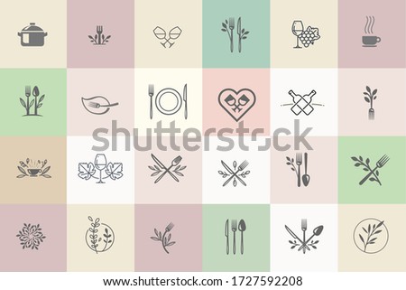 Set of icons for food and drink. Vector illustrations for graphic and web design, marketing material, restaurant menu, natural and organic products presentation, packaging design.