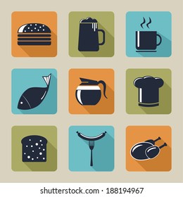 Set of icons with food and drinks, flat design. Vector.