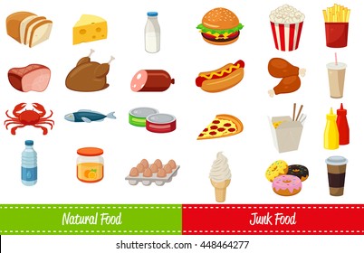 Set of icons with food and drinks for restaurant or commercial. Fast food icons. Food and Drinks icons. Vector illustration
