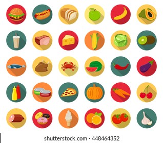 Set of icons with food and drinks for restaurant or commercial. Fruits and Vegetables icons. Fast food icons. Modern flat design with long shadow. Vetor illustration