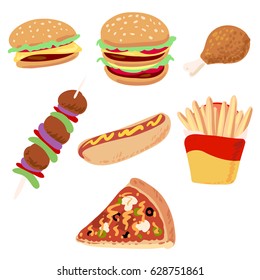 A set of icons with food. Fast food: pizza, barbecue, hamburger, chicken, fries, hotdog. Flat style.