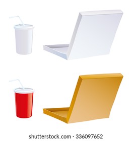 Set of icons Food packaging with empty space for text and logo, a cardboard box for delivery of pizza cup for drinks, cocktails with a lid, vector objects without background