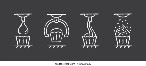 Set of icons of food processing industry. Automated line of confectionery at the factory. Vector illustration in chalk lettering style