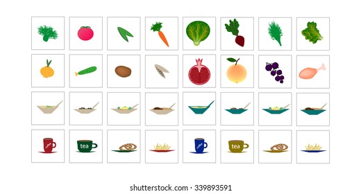 Set of icons with food, vegetables, fruits. Vector illustration.
