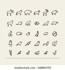 Set with icons - forest animals and birds. A vector.