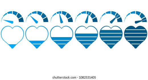 set of icons in the form of a heart with a battery charge and a speedometer