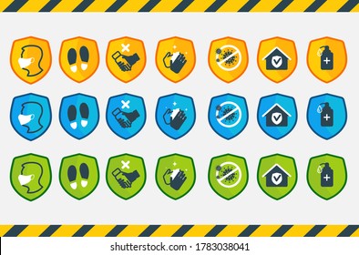 A set of icons in the form of protection from covid-19, for pasting on the surface, in public places. In yellow, blue and green.