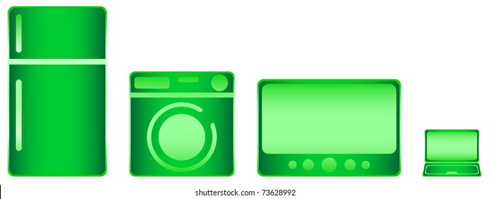 A set of icons in the form of a refrigerator, washing machine, TV and laptop made in the glossy green style