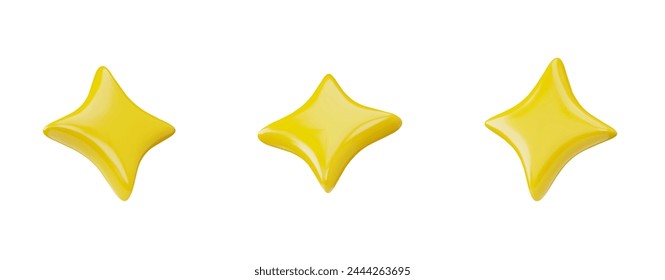 Un conjunto de iconos en forma de tres estrellas 3D de oro de cuatro puntas. Ilustraciones vectoriales de estrellas brillantes como símbolos de premio en juegos sobre un fondo blanco.