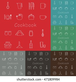 a set of icons in the form of white contours of kitchen utensils on a red, gray, brown, blue, green background. Logos, emblems, facilities for restaurants, cafes, site | Vector Illustration