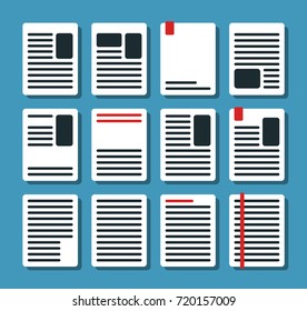 Set of icons of forms, documents and pages. White sheets with blue and red lines