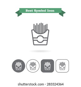 Set of icons with French fries in paper box, with text on green ribbon