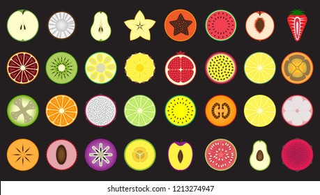 Set of icons fresh and colorful fruits and berries cut in half, isolated, Apple, coconut, pear, carambola, papaya, watermelon, peach, strawberry, tangerine, kiwi, jackfruit, pineapple, lime and others