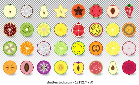 Set of icons fresh and colorful fruits and berries cut in half, isolated, Apple, coconut, pear, carambola, papaya, watermelon, peach, strawberry, tangerine, kiwi, jackfruit, pineapple, lime and others