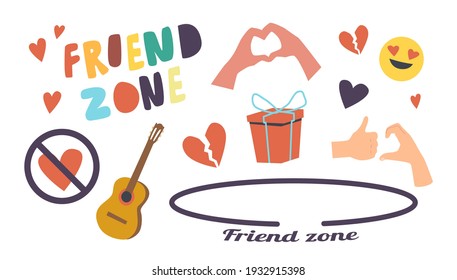 Set of Icons Friend Zone Theme. Circle, Crossed and Broken Heart, Guitar and Hand Gestures, Wrapped Gift Box, Smile Emoji Fall in Love. Friendzone Isolated Elements. Cartoon Vector Illustration