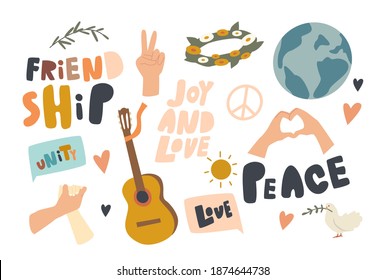 Amistad con los íconos, tema del Día Internacional de la Paz. Apretón de manos, estilo de vida de Hippies, rama de palo que lleva hojas. Guitarra, Sun y Earth Globe, Joy y Love Concept. Ilustración de vectores lineales