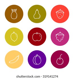 Set of icons fruit: apple, pineapple, pear, strawberry, berry, cherry, plum, banana, lemon