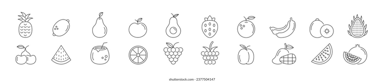 Set of icons with fruits in linear style. Vector illustration.