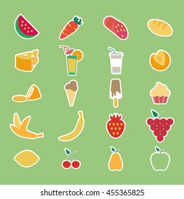 Set of icons with fruits and a simple meal. Bright colored illustration for web projects and presentations. Seasonal food. Summer healthy food.