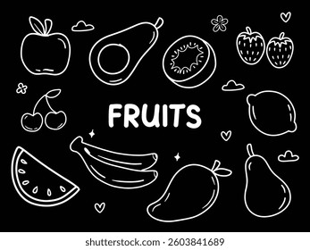 Set of icons with Fruits theme. With doodle style. For layout, website, graphic design.