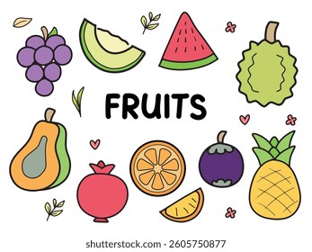 Set of icons with Fruits theme. With doodle style. For layout, website, graphic design. 